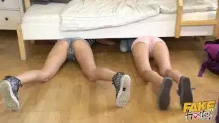 Fake Hostel – the classic girls Stuck Under A Bed with Cherry Kiss and Katy Rose fucked doggystyle